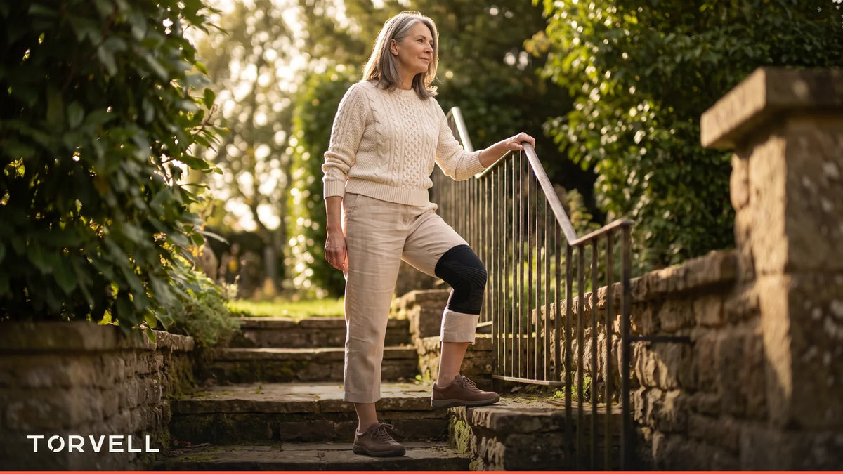 Woman in her sixties climbing garden steps with a hand on the railing Image