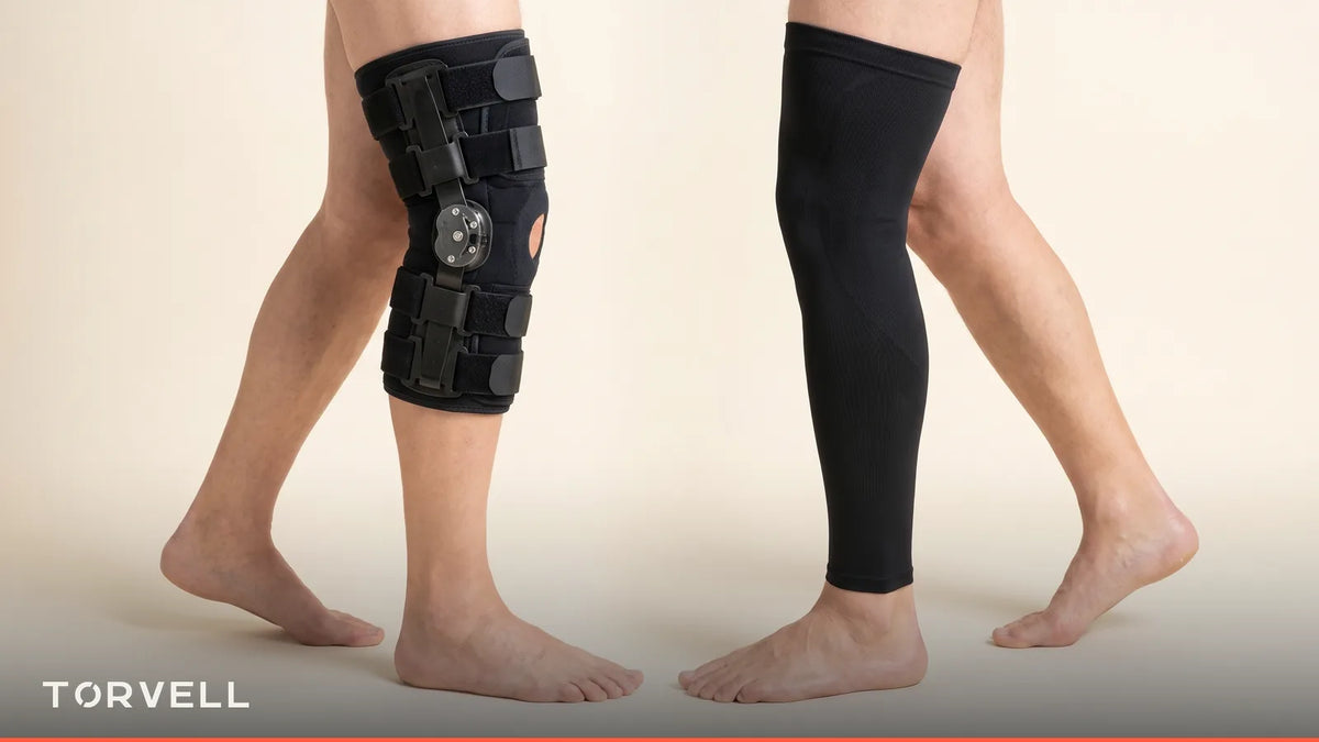 Rigid hinged knee brace on one leg beside a smooth full-leg compression sleeve Image