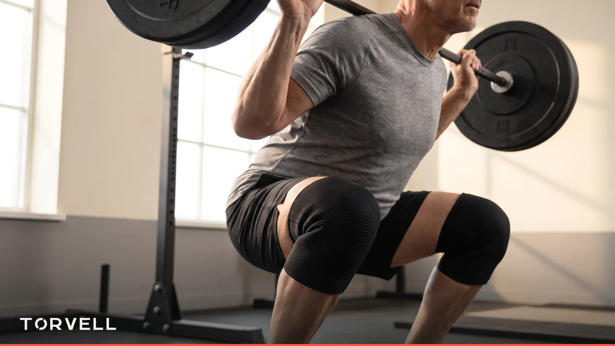 Lifter squatting a barbell while wearing thick neoprene powerlifting knee sleeves Image