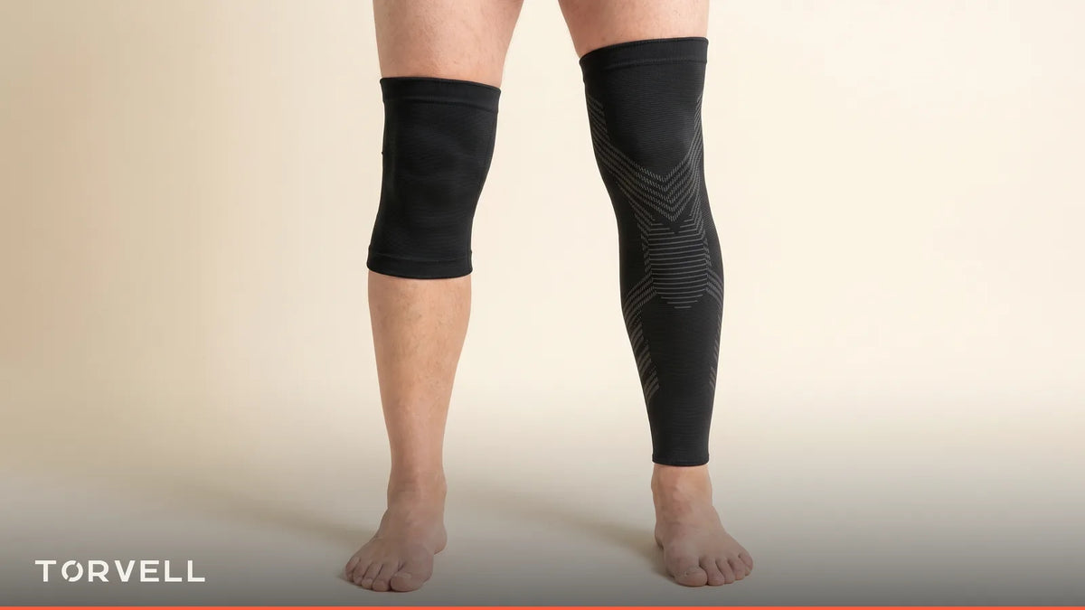 Short knee-only sleeve beside a thigh-to-ankle full-leg compression sleeve Image