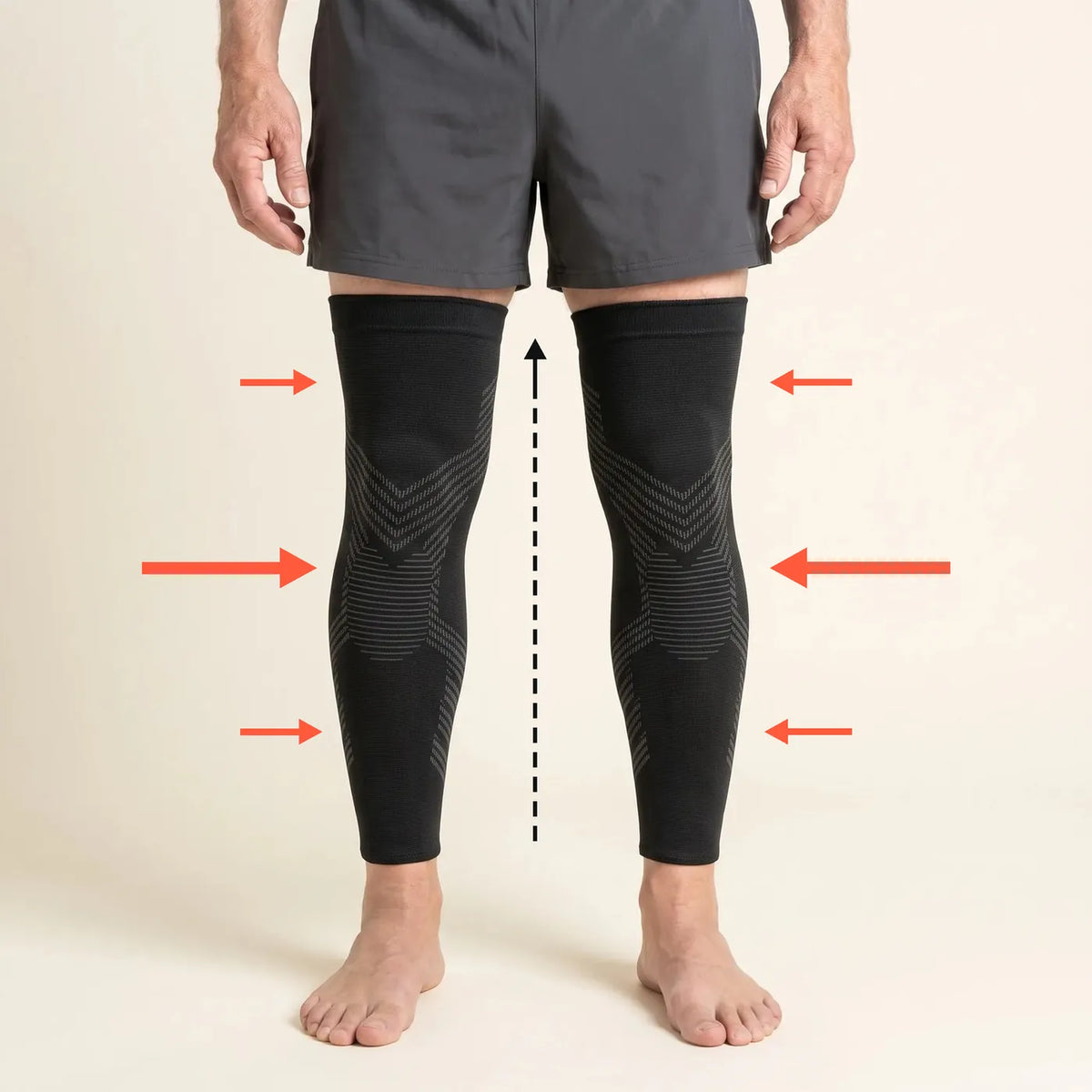 Pair of TORVELL full-leg knee compression sleeves with arrows showing graduated compression, firmest at the knee Image