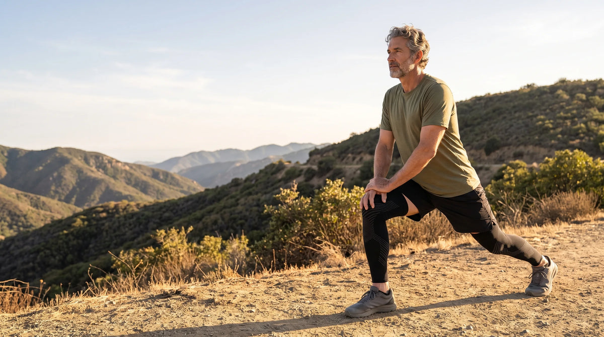 Man stretching on a mountain trail at golden hour wearing TORVELL full-leg knee compression sleeves