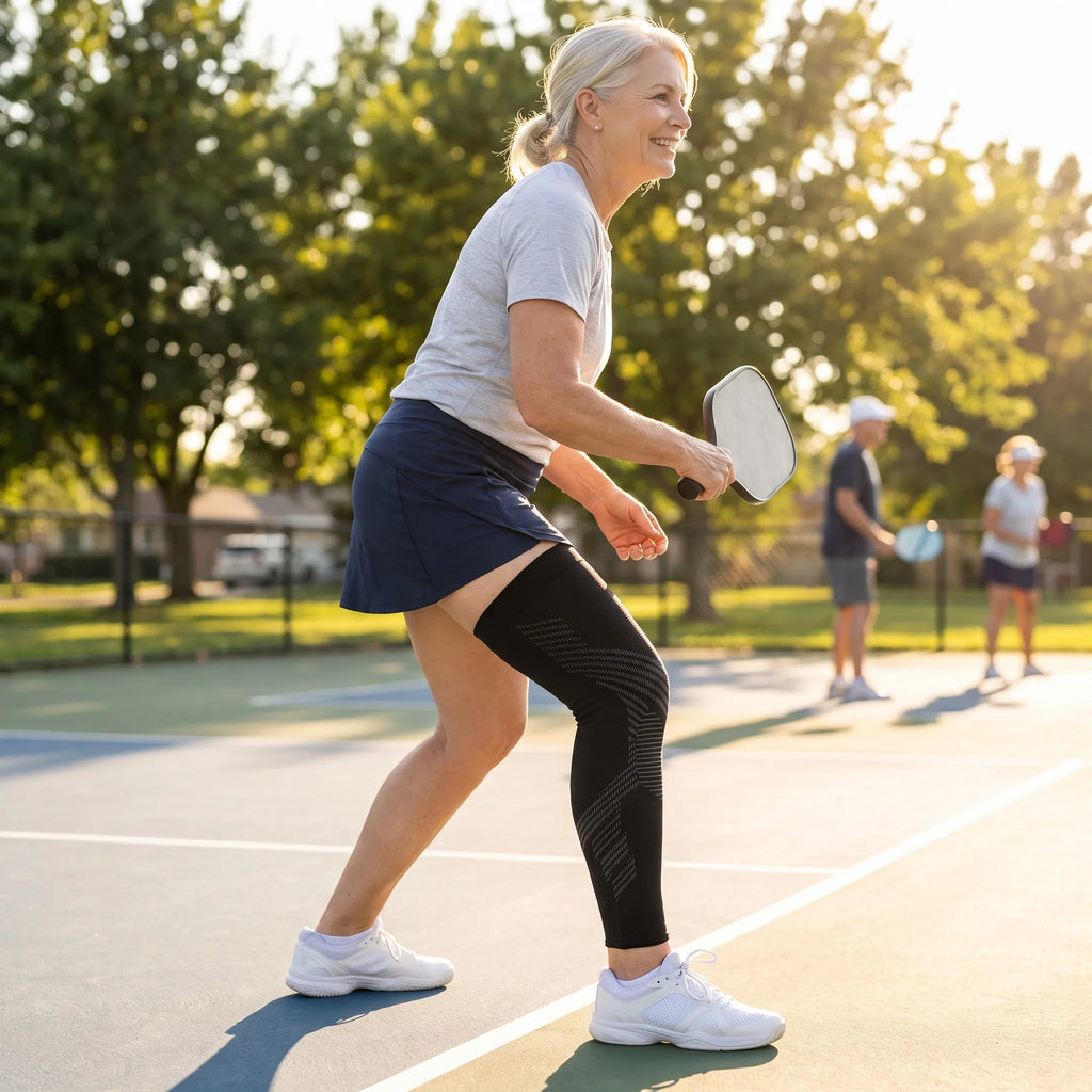 Woman playing pickleball wearing the TORVELL full-leg knee compression sleeve