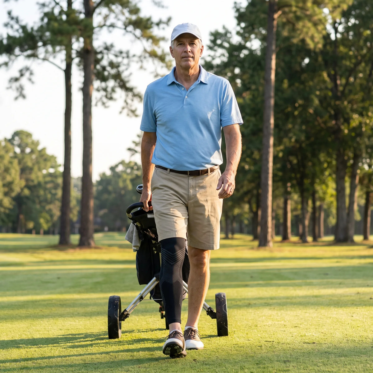 Man walking a golf course wearing the TORVELL full-leg knee compression sleeve Image