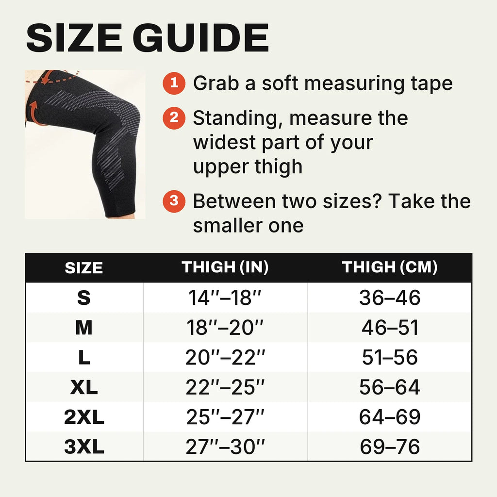 TORVELL knee compression sleeve size guide: measure the widest part of your upper thigh, sizes S to 3XL (14 to 30 inches)