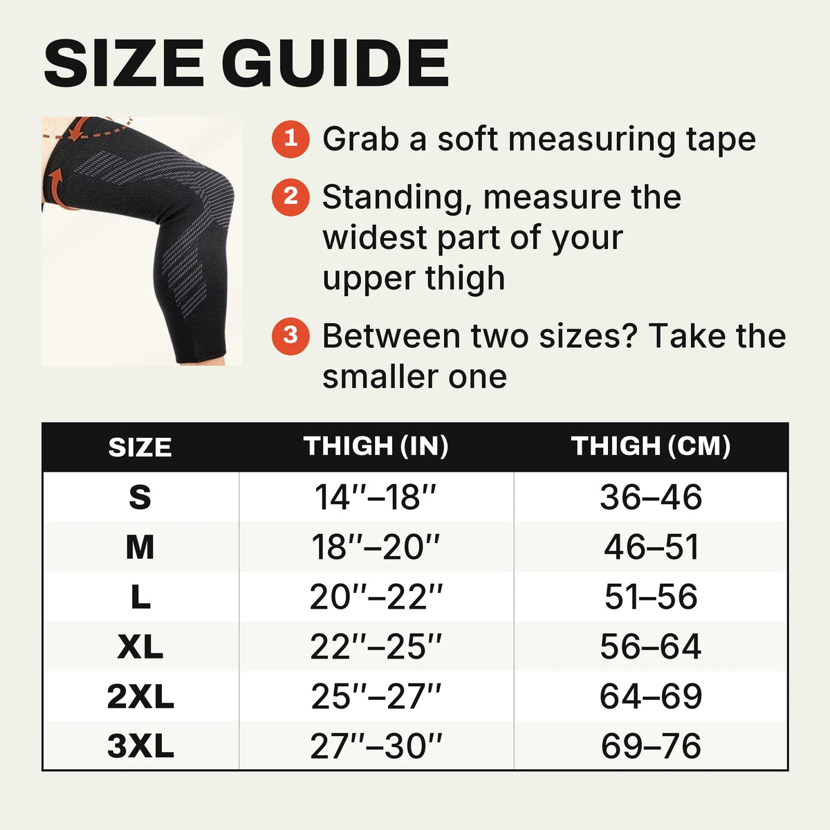 TORVELL knee compression sleeve size guide: measure the widest part of your upper thigh, sizes S to 3XL (14 to 30 inches)