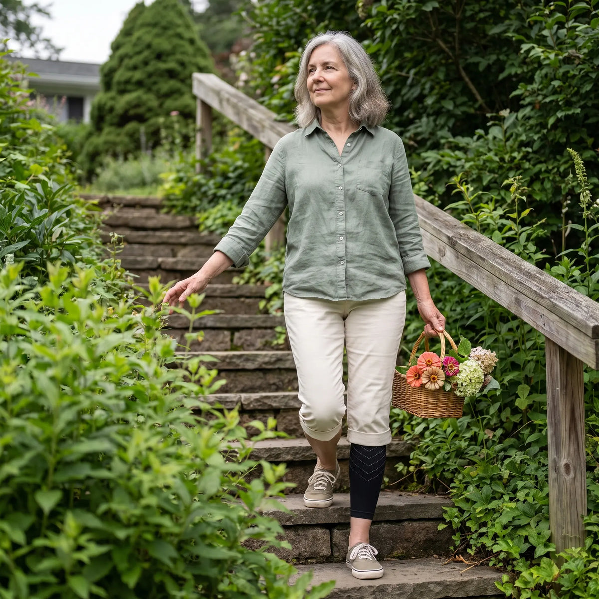 Woman climbing garden steps wearing the TORVELL knee compression sleeve