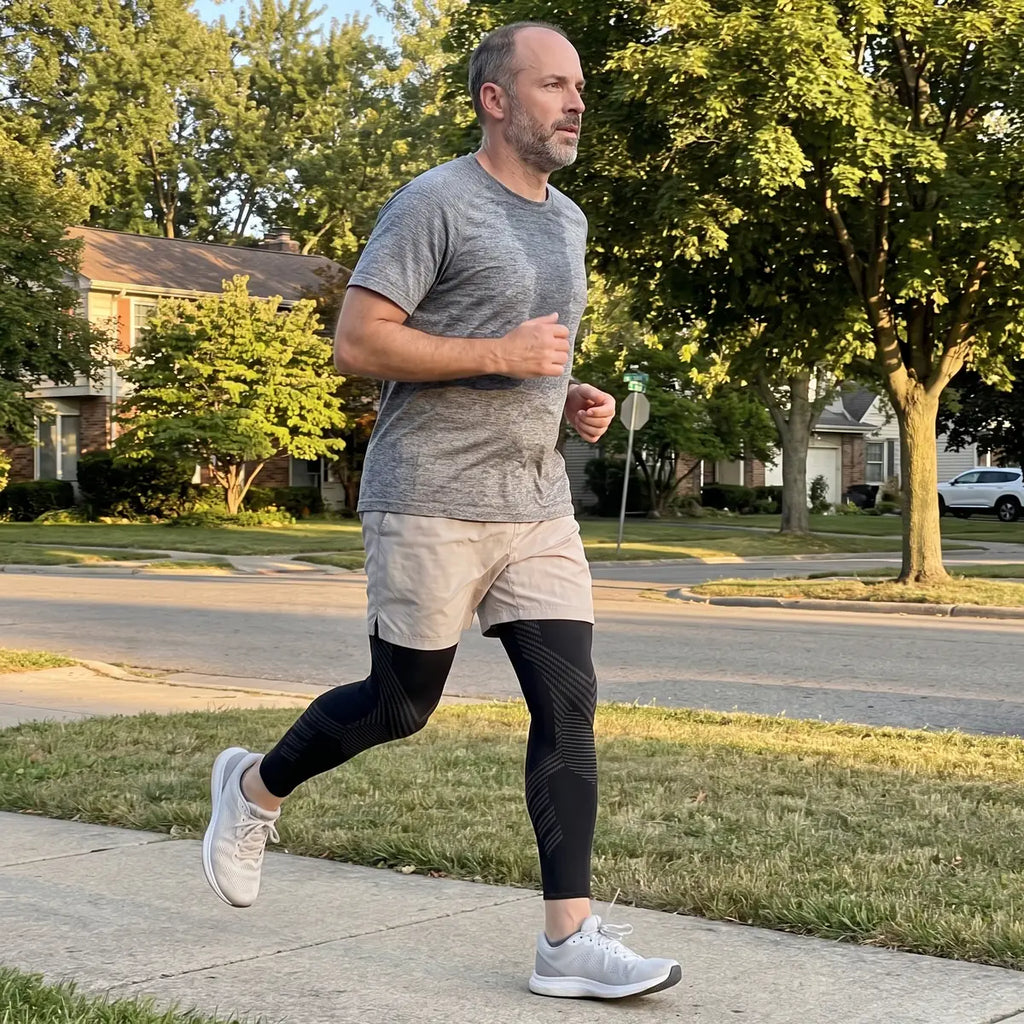 Man in his late 40s running in his neighborhood wearing TORVELL full-leg knee compression sleeves on both legs