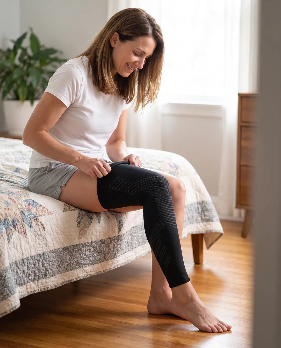 Woman in her forties pulling a TORVELL full-leg knee compression sleeve up over her knee while seated on her bed Image