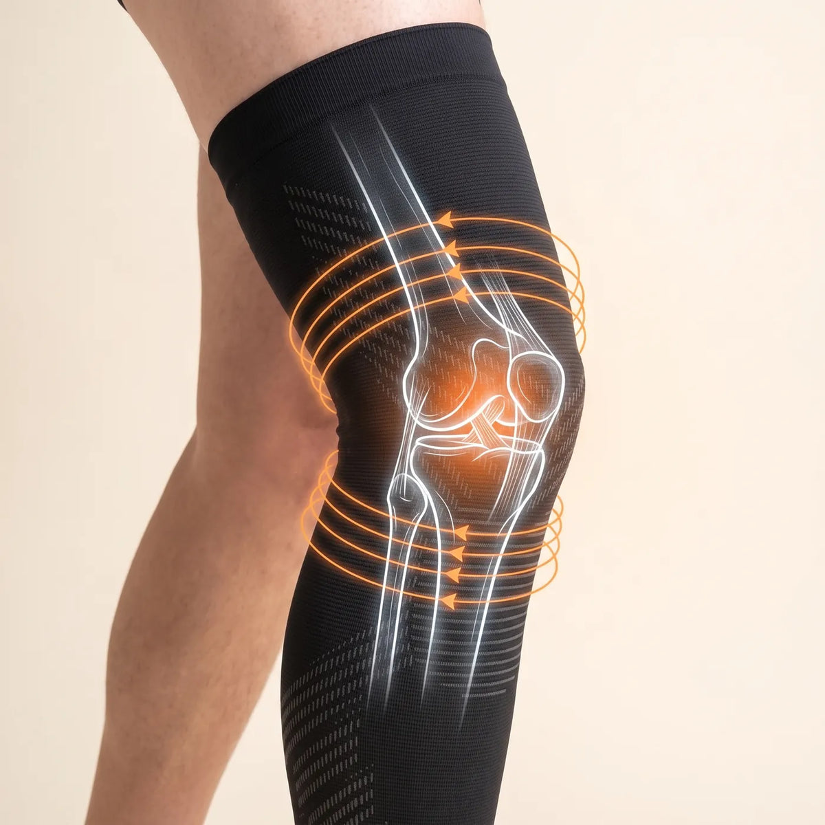 Knee joint anatomy drawn over a leg wearing a TORVELL compression sleeve, with rings showing compression around the knee Image