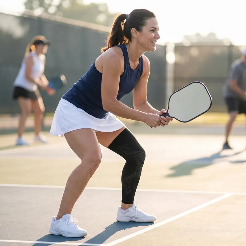 Woman in her forties playing pickleball while wearing a TORVELL full-leg knee compression sleeve Image