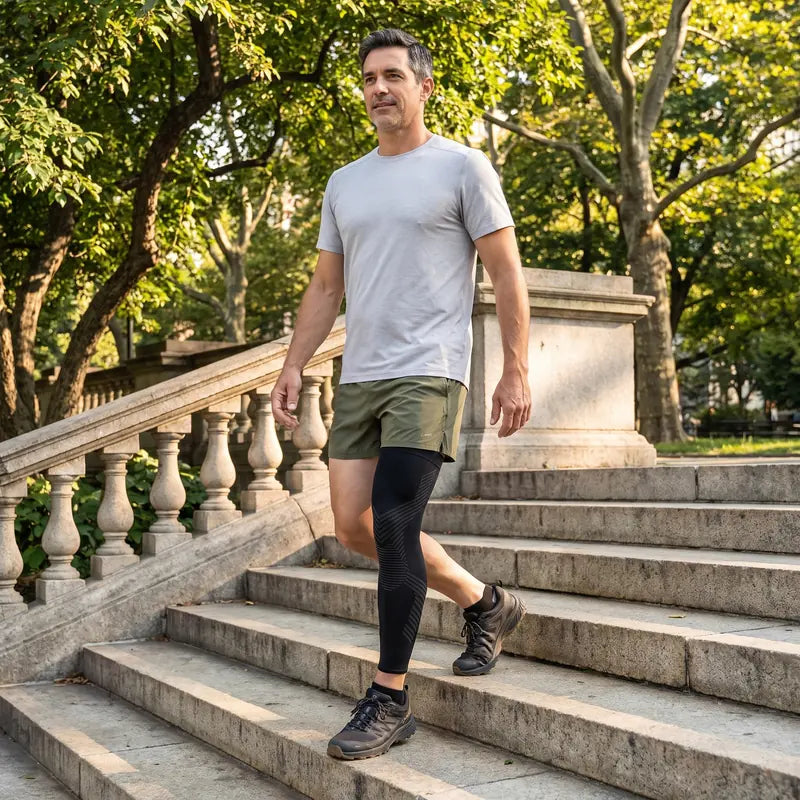 Man in his forties walking down park stairs while wearing a TORVELL full-leg knee compression sleeve Image