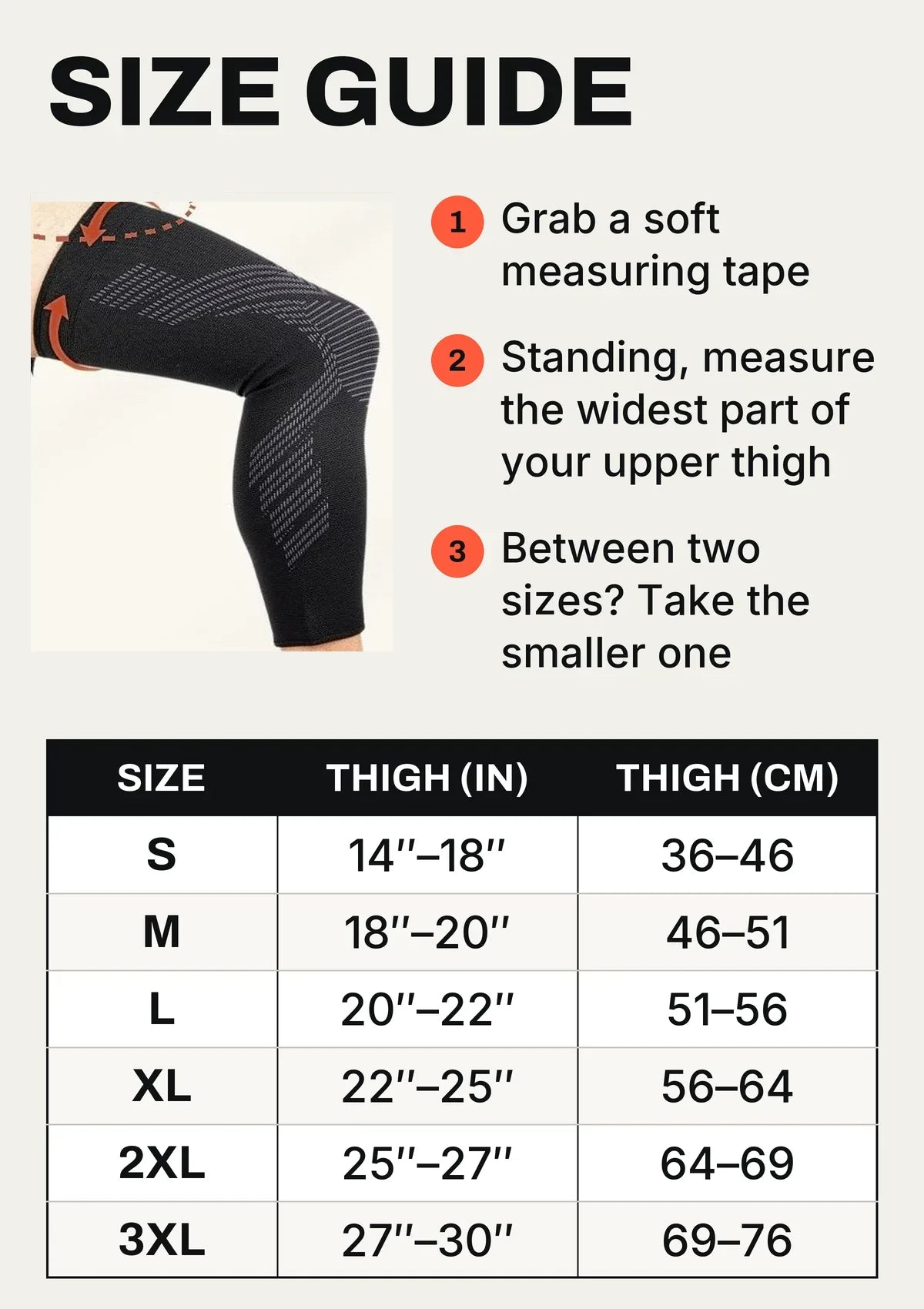 TORVELL knee sleeve size guide: measure the widest part of the upper thigh, sizes S to 3XL in inches and centimetres Image